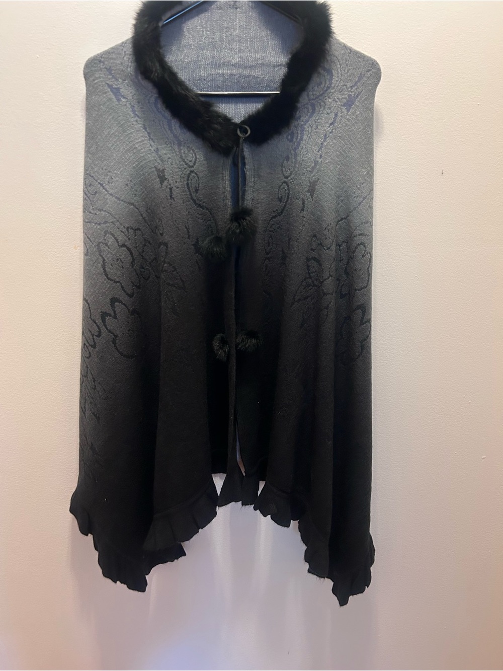 Selini New York Gray to Black Ombre’ cape with Faux Fur Trim and pompom. OS